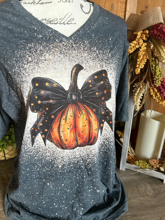 Okay Pumpkin V Neck Soft style Graphic Tee Bleached