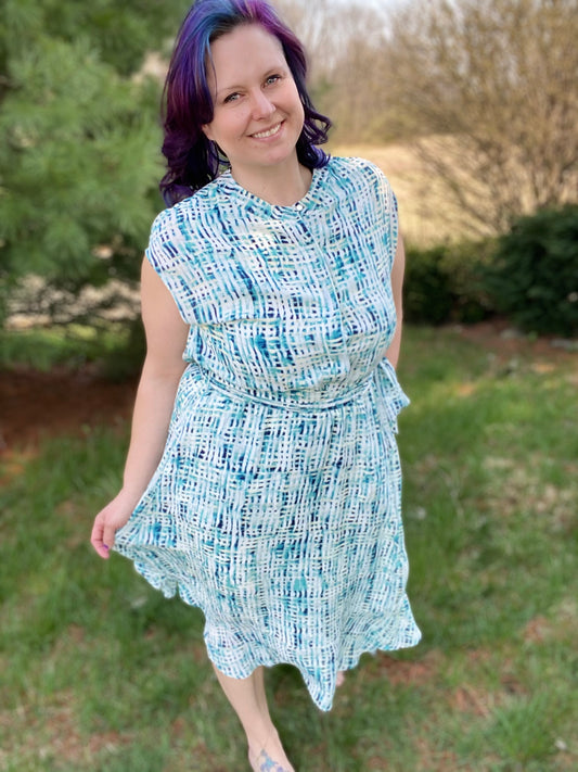 Teal and white Flowy Belted Dress